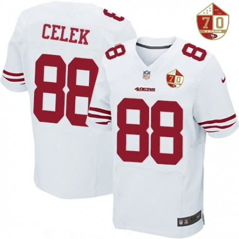 Men’s San Francisco 49ers #88 Garrett Celek White 70th Anniversary Patch Stitched NFL Nike Elite Jersey