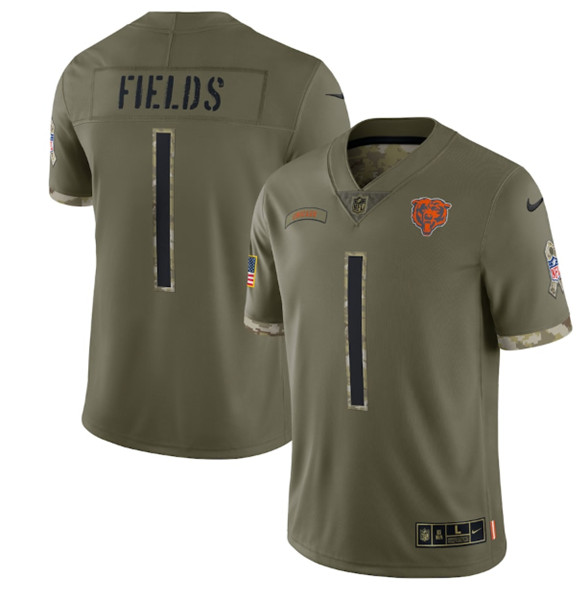 Men’s Chicago Bears #1 Justin Fields 2022 Olive Salute To Service Limited Stitched Jersey