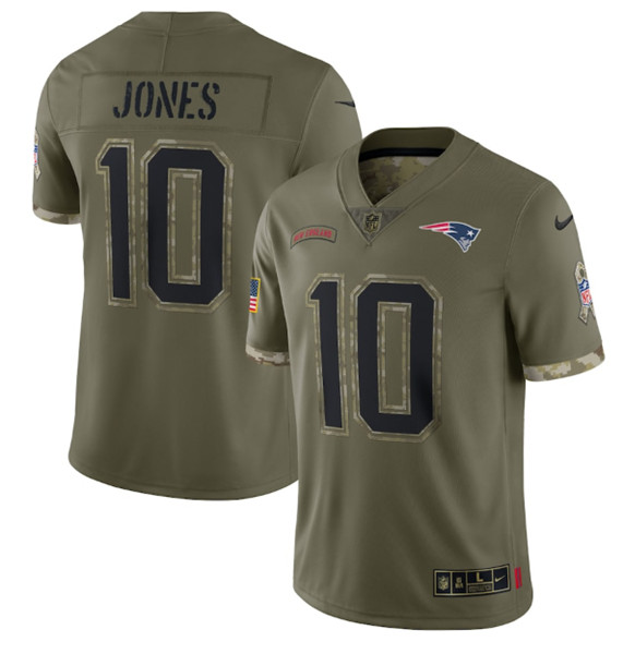 Men’s New England Patriots #10 Mac Jones 2022 Olive Salute To Service Limited Stitched Jersey