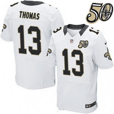 Men’s New Orleans Saints #13 Michael Thomas White 50th Season Patch Stitched NFL Nike Elite Jersey