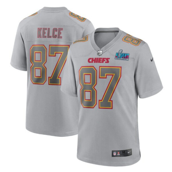 Men’s Kansas City Chiefs #87 Travis Kelce Gray Super Bowl LVII Patch Atmosphere Fashion Stitched Game Jersey