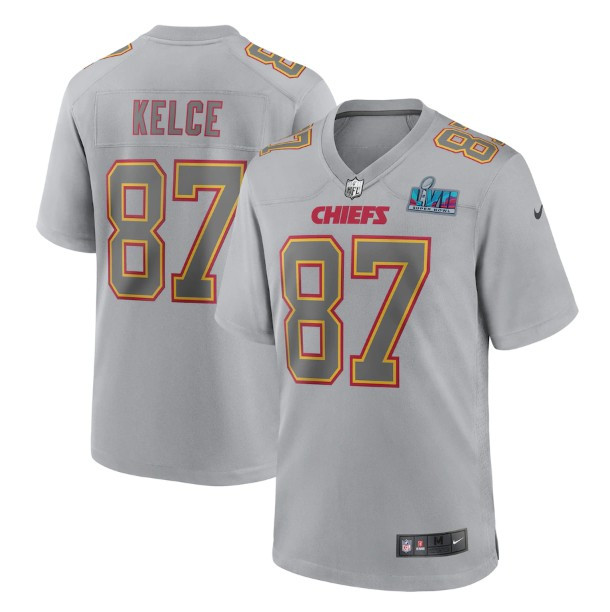 Men’s Kansas City Chiefs #87 Travis Kelce Gray Super Bowl LVII Patch Atmosphere Fashion Stitched Game Jersey