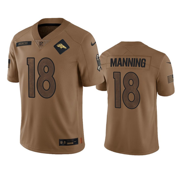 Men’s Denver Broncos #18 Peyton Manning 2023 Brown Salute To Service Limited Football Stitched Jersey
