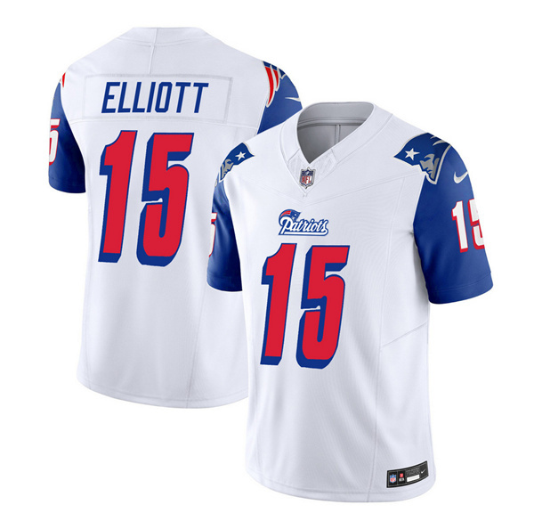 Men’s New England Patriots #15 Ezekiel Elliott White Blue 2023 F.U.S.E. Vapor Limited Football Stitched Jersey