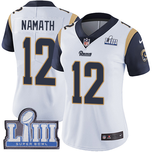#12 Limited Joe Namath White Nike NFL Road Women’s Jersey Los Angeles Rams Vapor Untouchable Super Bowl LIII Bound