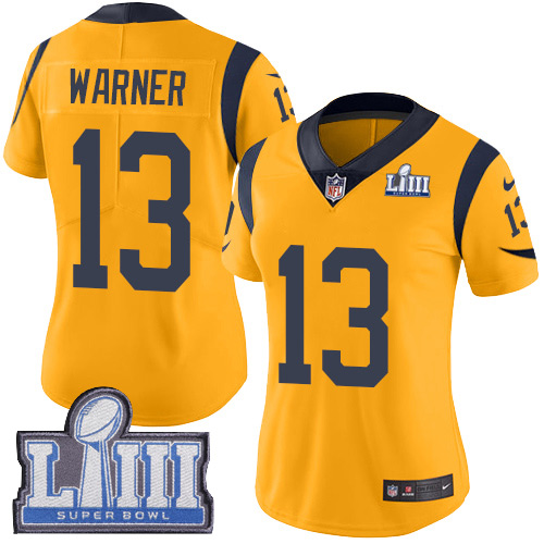 #13 Limited Kurt Warner Gold Nike NFL Women’s Jersey Los Angeles Rams Rush Vapor Untouchable Super Bowl LIII Bound
