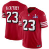 Men’s San Francisco 49ers #23 Christian McCaffrey New Red 2024 F.U.S.E. Super Bowl LVIII Patch Vapor Untouchable Limited Football Stitched Jersey