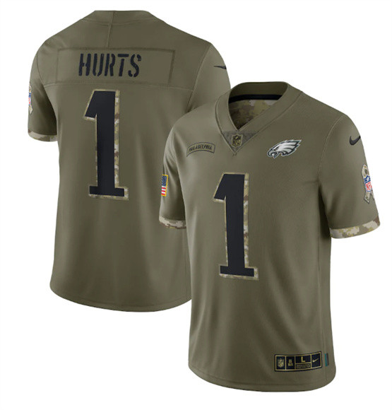Men’s Philadelphia Eagles #1 Jalen Hurts 2022 Olive Salute To Service Limited Stitched Jersey