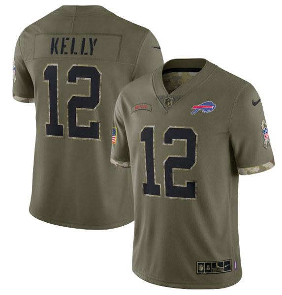 Men’s Buffalo Bills #12 Jim Kelly 2022 Olive Salute To Service Limited Stitched Jersey