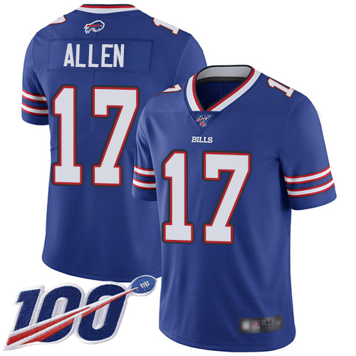Bills #17 Josh Allen Royal Blue Team Color Men’s Stitched Football 100th Season Vapor Limited Jersey