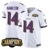 Men’s Baltimore Ravens #14 Kyle Hamilton White 2023 F.U.S.E. AFC North Champions Vapor Limited Football Stitched Jersey