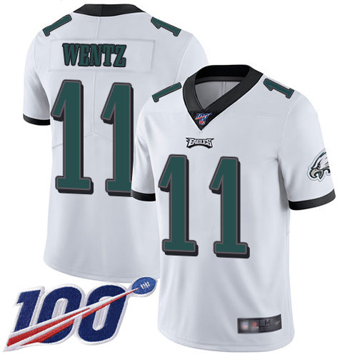 Eagles #11 Carson Wentz White Men’s Stitched Football 100th Season Vapor Limited Jersey