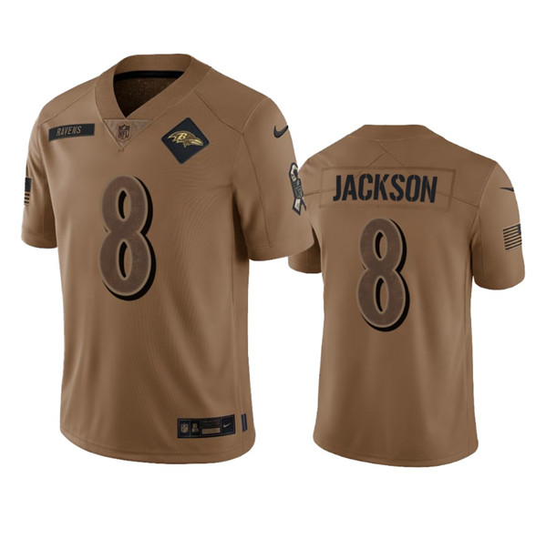 Men’s Baltimore Ravens #8 Lamar Jackson 2023 Brown Salute To Service Limited Football Stitched Jersey