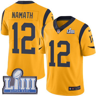 #12 Limited Joe Namath Gold Nike NFL Men’s Jersey Los Angeles Rams Rush Vapor Untouchable Super Bowl LIII Bound