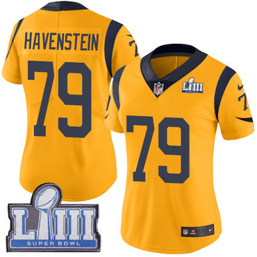 #79 Limited Rob Havenstein Gold Nike NFL Women’s Jersey Los Angeles Rams Rush Vapor Untouchable Super Bowl LIII Bound