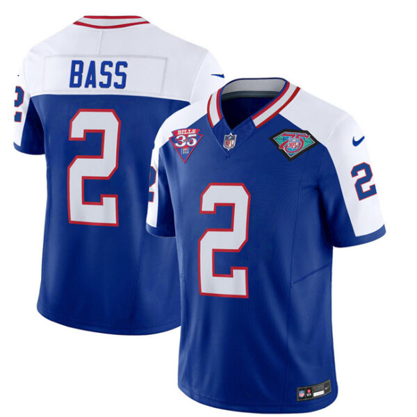 Men’s Buffalo Bills #2 Tyler Bass Blue White 2023 F.U.S.E. 75th Anniversary Throwback Vapor Untouchable Limited Football Stitched Jersey