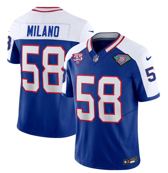 Men’s Buffalo Bills #58 Matt Milano Blue White 2023 F.U.S.E. 75th Anniversary Throwback Vapor Untouchable Limited Football Stitched Jersey