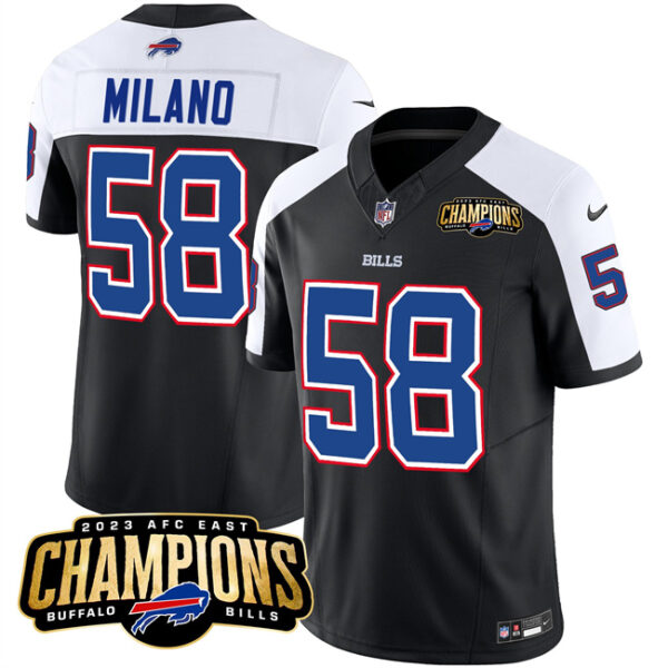 Men’s Buffalo Bills #58 Matt Milano Black White 2023 F.U.S.E. AFC East Champions With 4-star C Ptach Football Stitched Jersey