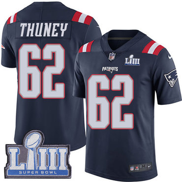 #62 Limited Joe Thuney Navy Blue Nike NFL Men’s Jersey New England Patriots Rush Vapor Untouchable Super Bowl LIII Bound