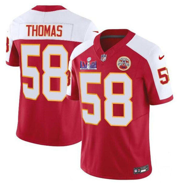 Men’s Kansas City Chiefs #58 Derrick Thomas Red White 2024 F.U.S.E. Super Bowl LVIII Patch Vapor Untouchable Limited Football Stitched Jersey