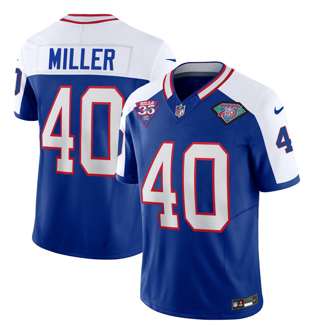 Men’s Buffalo Bills #40 Von Miller Blue White 2023 F.U.S.E. 75th Anniversary Throwback Vapor Untouchable Limited Football Stitched Jersey