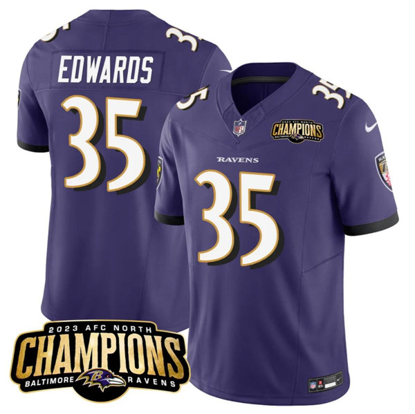 Men’s Baltimore Ravens #35 Gus Edwards Purple 2023 F.U.S.E. AFC North Champions Vapor Limited Football Stitched Jersey