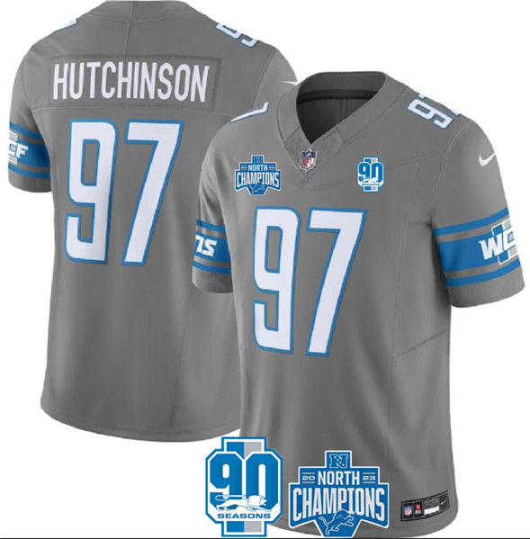 Men’s Detroit Lions #97 Aidan Hutchinson Gray 2023 90th Anniversary North Division Champions Patch Limited Stitched Jersey