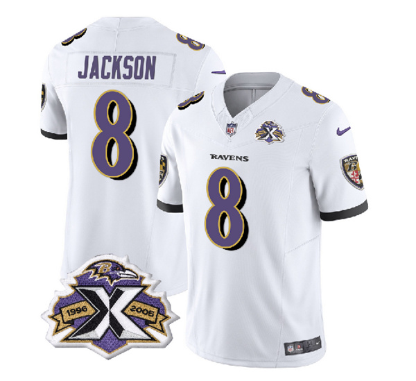 Men’s Baltimore Ravens #8 Lamar Jackson White 2023 F.U.S.E With Patch Throwback Vapor Limited Stitched Jersey