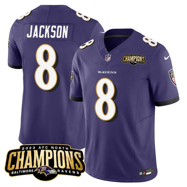 Men’s Baltimore Ravens #8 Lamar Jackson Purple 2023 F.U.S.E. AFC North Champions Vapor Limited Football Stitched Jersey