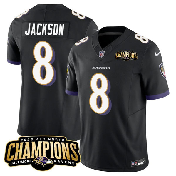 Men’s Baltimore Ravens #8 Lamar Jackson Black 2023 F.U.S.E. AFC North Champions Vapor Limited Football Stitched Jersey
