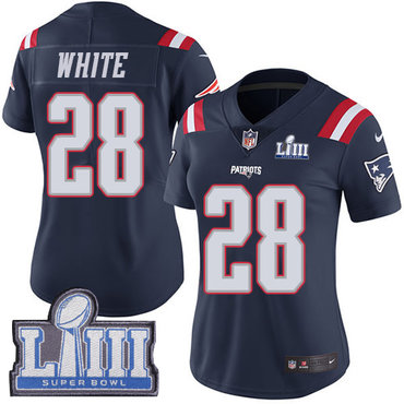 #28 Limited James White Navy Blue Nike NFL Women’s Jersey New England Patriots Rush Vapor Untouchable Super Bowl LIII Bound