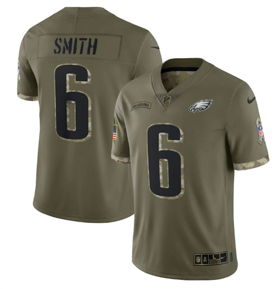 Men’s Philadelphia Eagles #6 DeVonta Smith 2022 Olive Salute To Service Limited Stitched Jersey