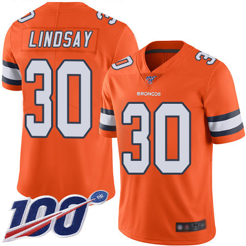 Broncos #30 Phillip Lindsay Orange Men’s Stitched Football Limited Rush 100th Season Jersey