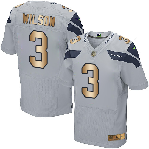 Nike Seahawks #3 Russell Wilson Grey Alternate Men’s Stitched NFL Elite Gold Jersey