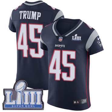 #45 Elite Donald Trump Navy Blue Nike NFL Home Men’s Jersey New England Patriots Vapor Untouchable Super Bowl LIII Bound