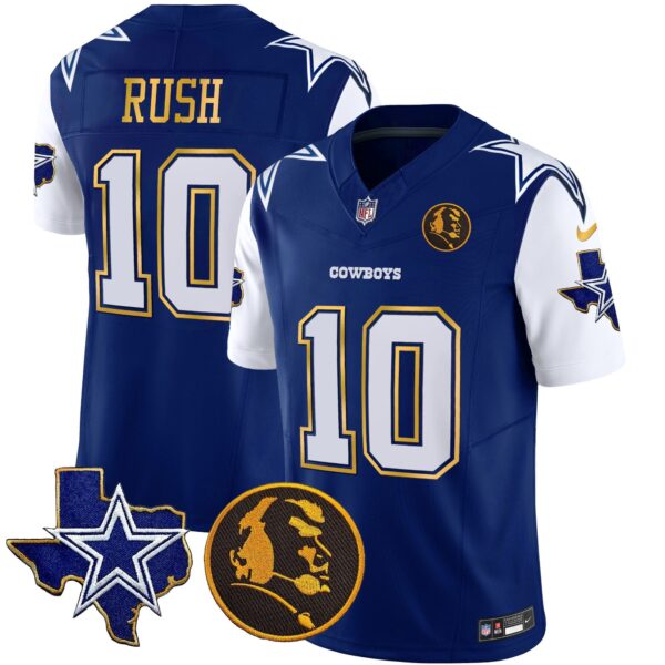 Cowboys Texas & John Madden Patch Gold Trim Vapor Jersey – All Stitched – Royal – Cooper Rush Jersey