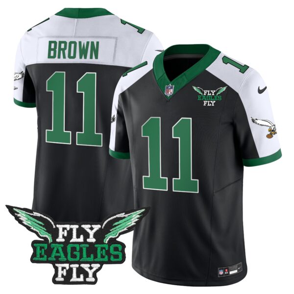 Fly Eagles Fly Patch Throwback Kelly Green Vapor Jersey – All Stitched – Black Alternate – A.J. Brown Jersey