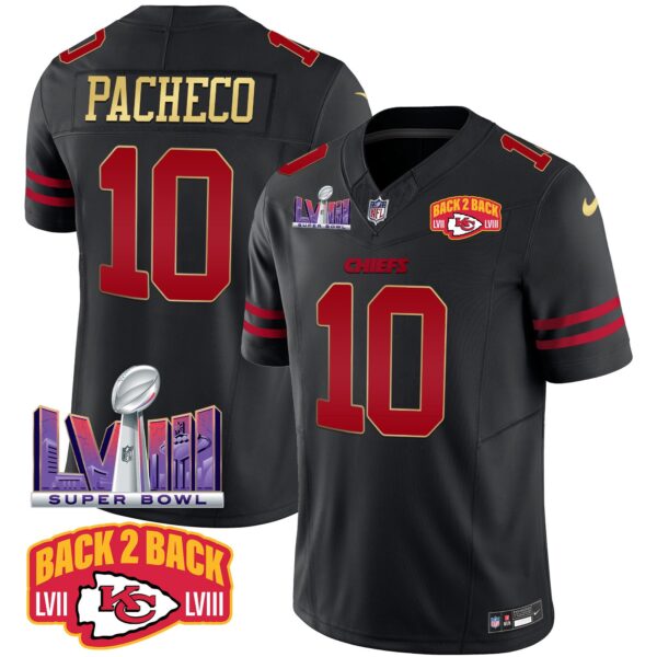 Chiefs Super Bowl LVIII & Back 2 Back Patch Vapor Jersey – All Stitched – Gold Trim – Isiah Pacheco Jersey