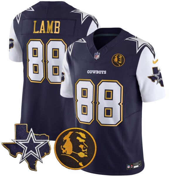 Cowboys Texas & John Madden Patch Gold Trim Vapor Jersey – All Stitched – Navy – CeeDee Lamb Jersey