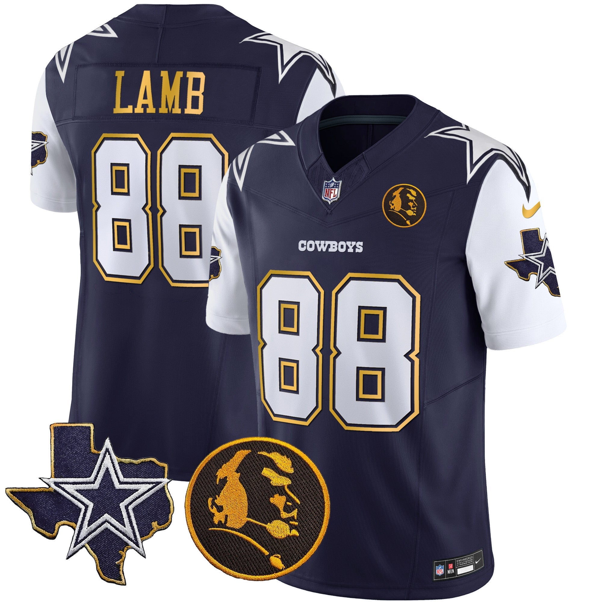 Cowboys Texas & John Madden Patch Gold Trim Vapor Jersey – All Stitched – Navy – CeeDee Lamb Jersey