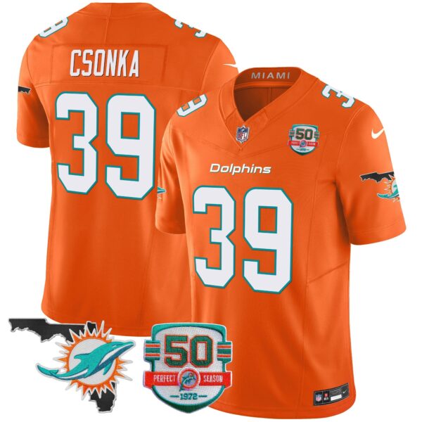 Dolphins 50th Perfect Season & Florida Patch Vapor Jersey – All Stitched – Orange – Larry Csonka Jersey