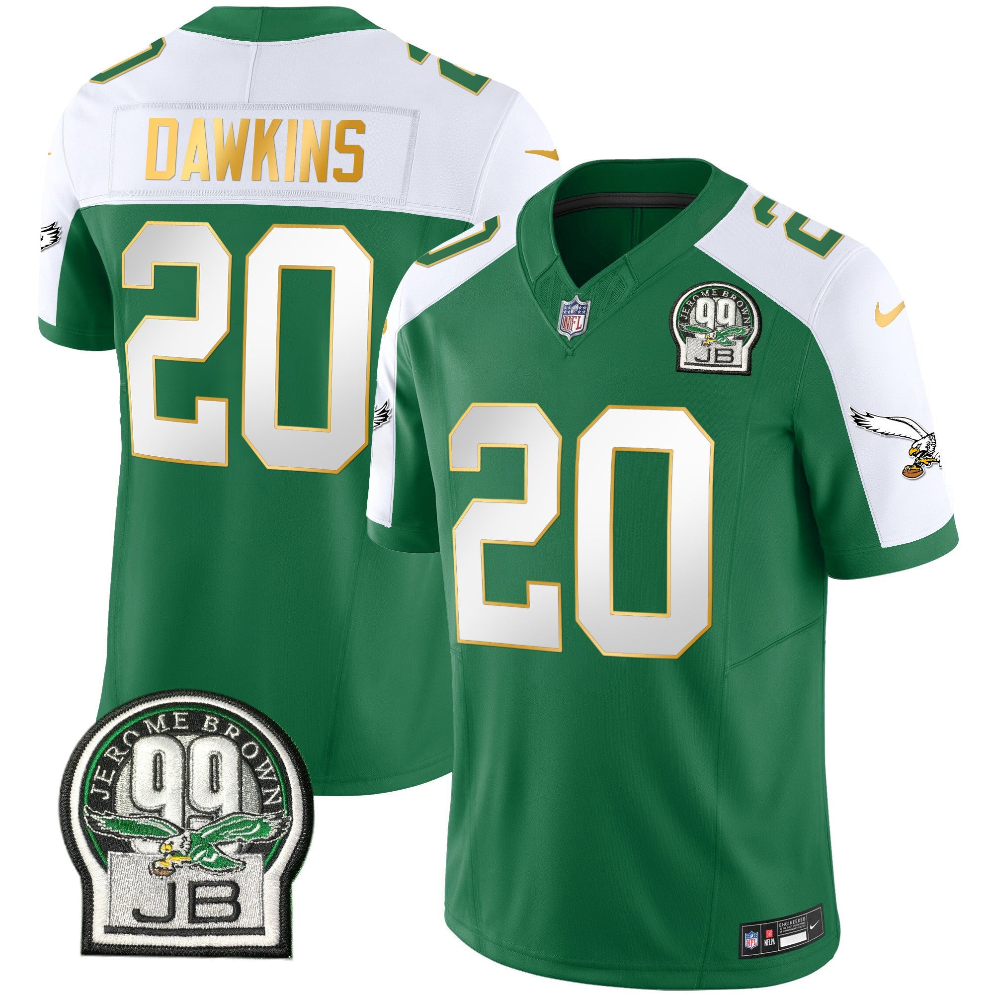 Eagles Jerome Brown Patch Kelly Green Gold Trim Jersey – All Stitched – Kelly Alternate – Brian Dawkins Jersey