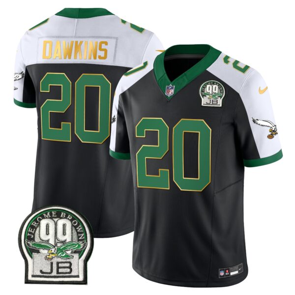 Eagles Jerome Brown Patch Kelly Green Gold Trim Jersey – All Stitched – Black Alternate – Brian Dawkins Jersey