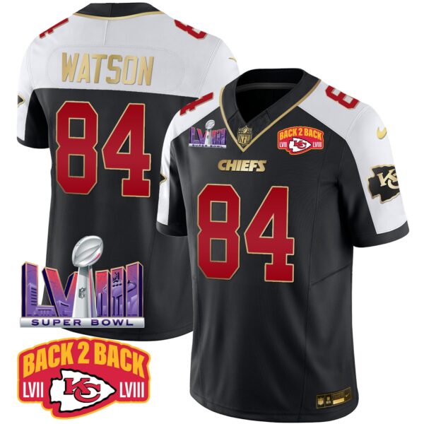 Chiefs Super Bowl LVIII & Back 2 Back Patch Vapor Jersey – All Stitched – Black Alternate – Justin Watson Jersey
