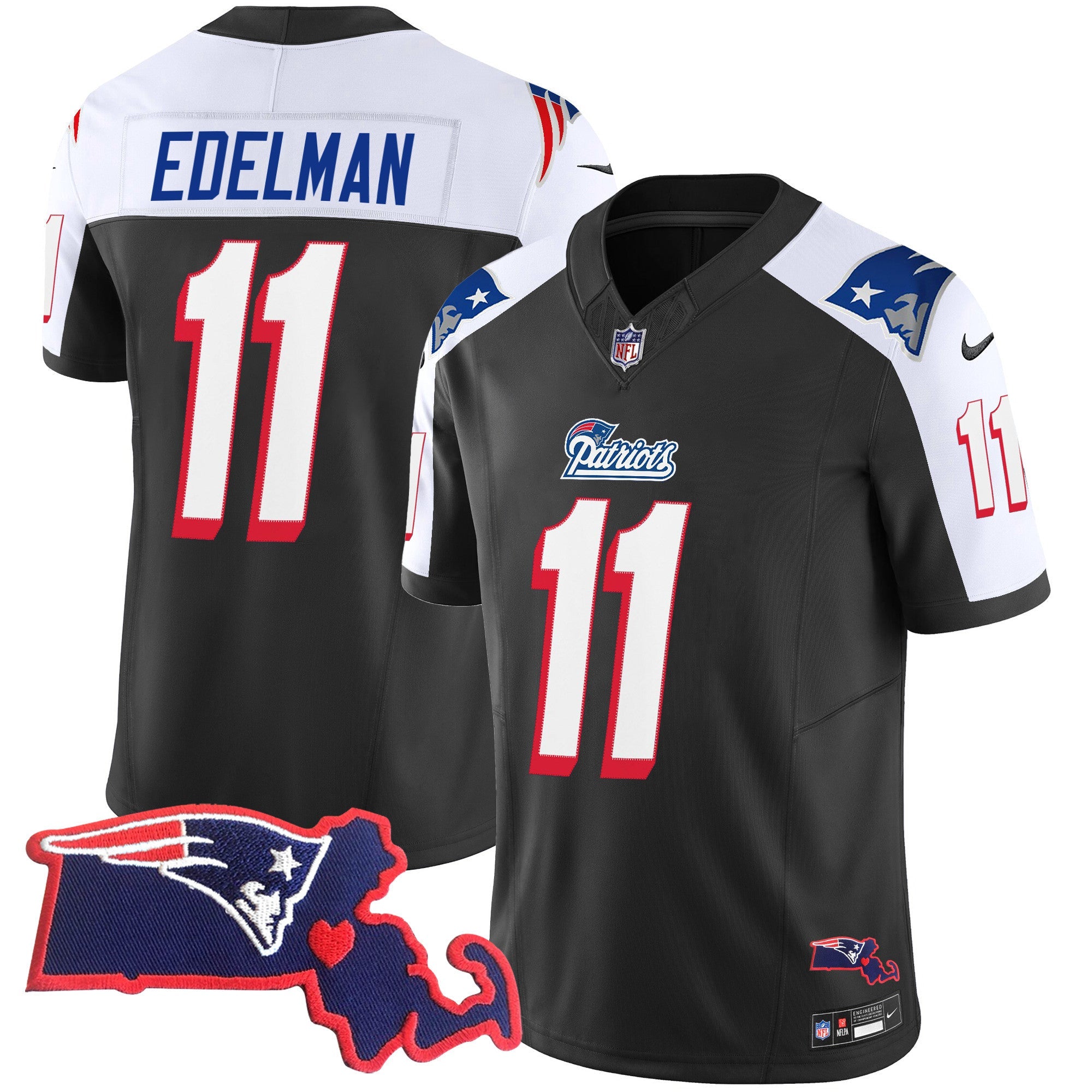 Patriots 1996 Throwback State Patch Vapor Jersey – All Stitched – Black Alternate – Julian Edelman Jersey