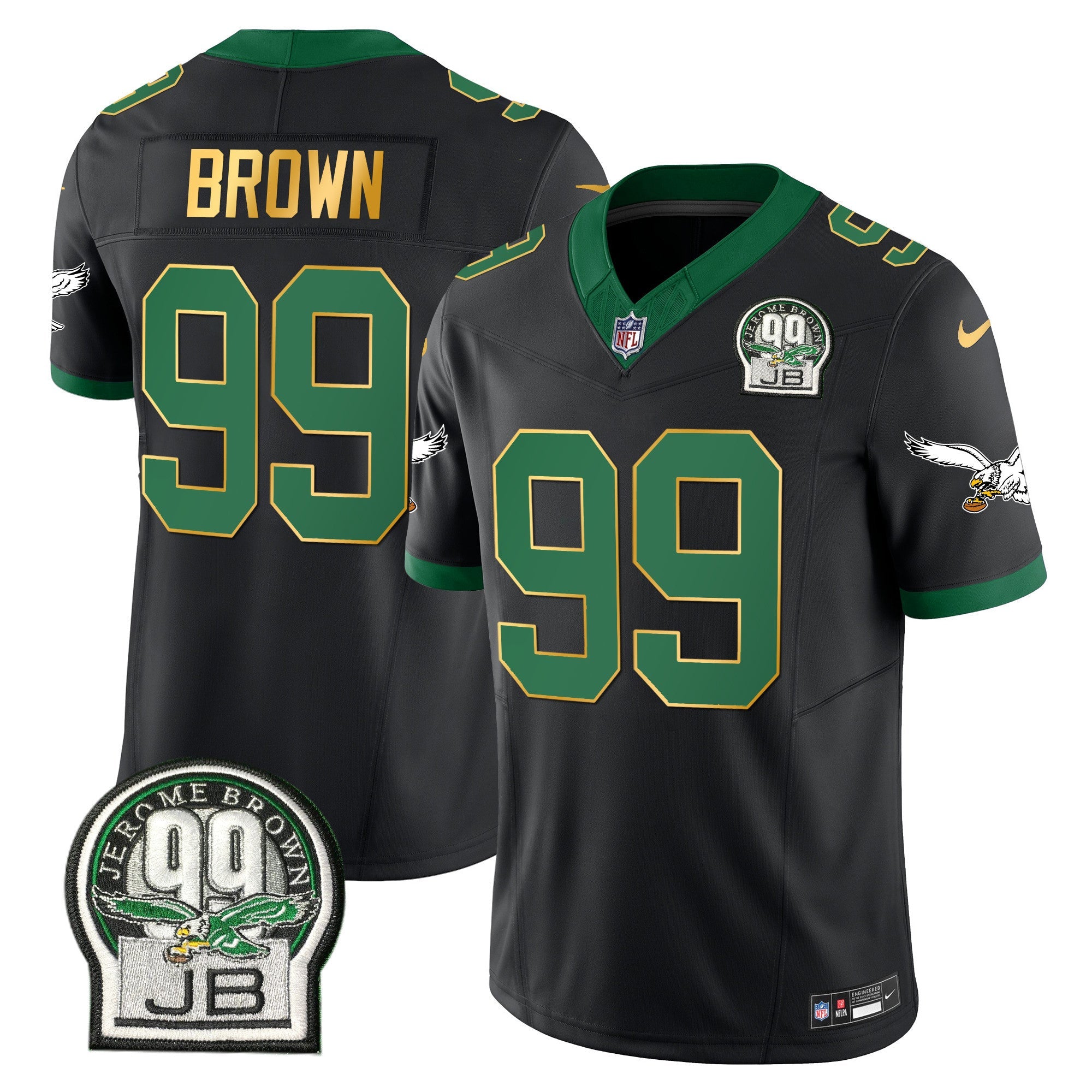 Eagles Jerome Brown Patch Kelly Green Gold Trim Jersey – All Stitched – Black – Jerome Brown Jersey