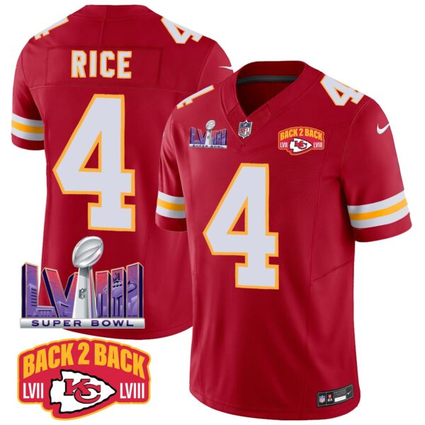 Chiefs Super Bowl LVIII & Back 2 Back Patch Vapor Jersey – All Stitched – Red – Rashee Rice Jersey