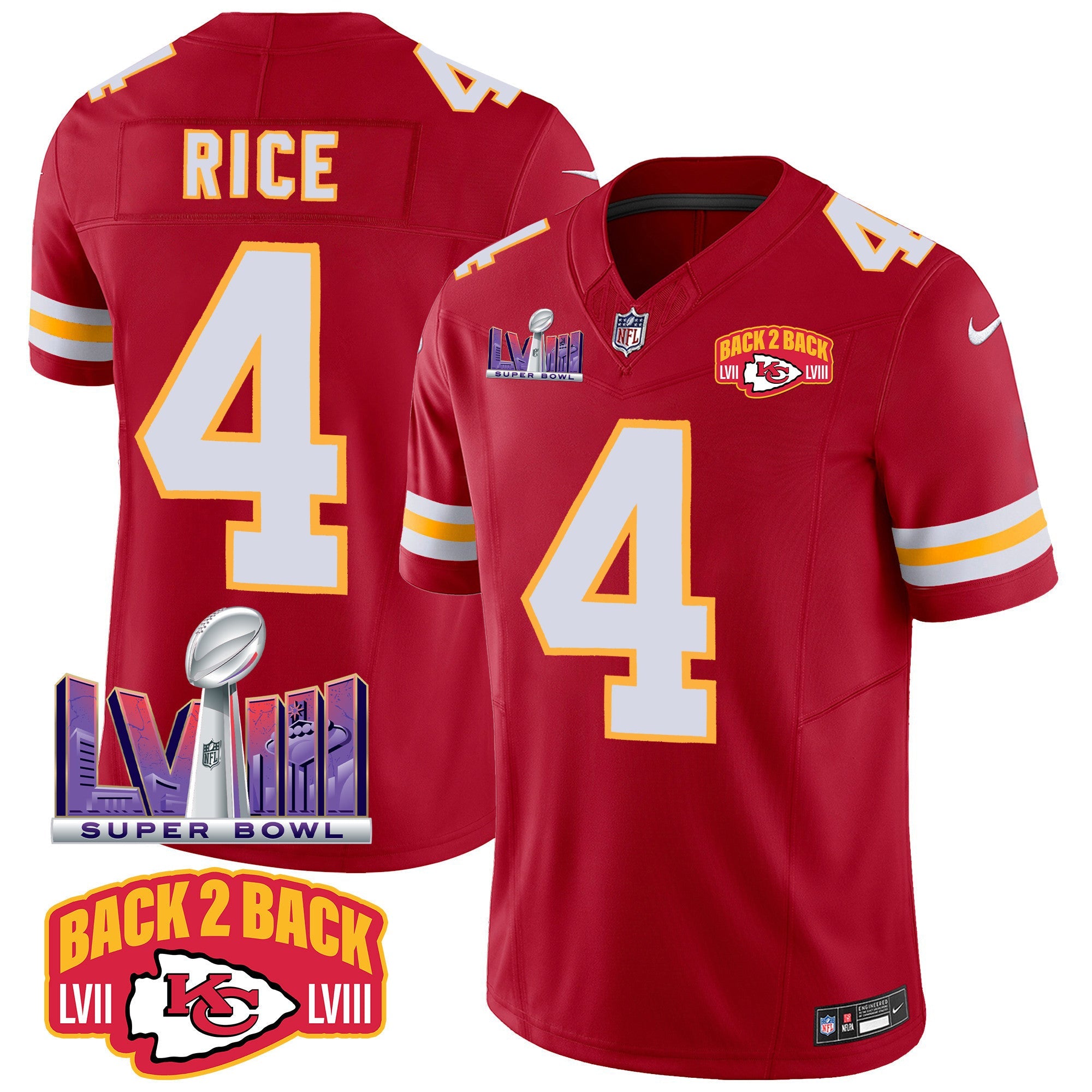 Chiefs Super Bowl LVIII & Back 2 Back Patch Vapor Jersey – All Stitched – Red – Rashee Rice Jersey