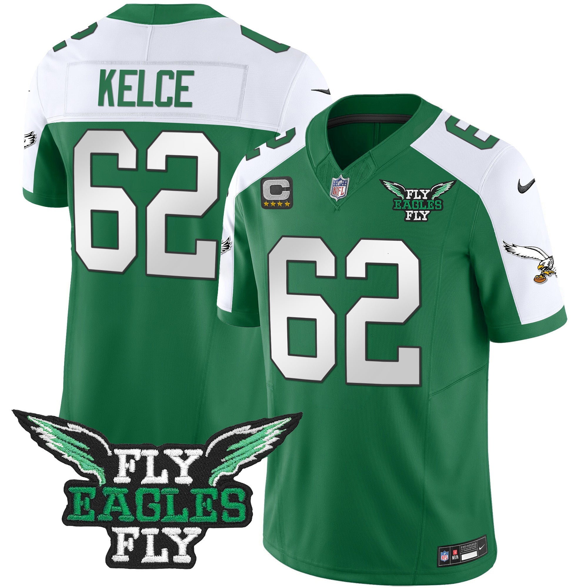 Fly Eagles Fly Patch Throwback Kelly Green Vapor Jersey – All Stitched – Kelly Alternate – Jason Kelce Jersey