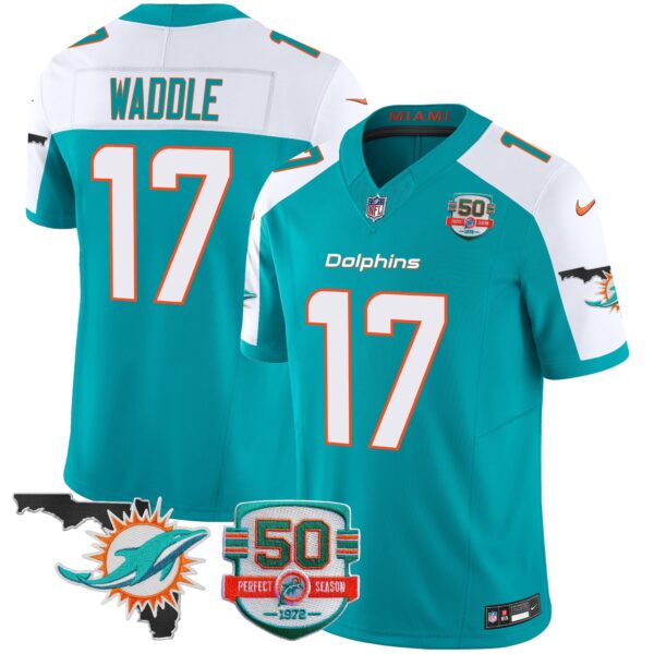 Dolphins 50th Perfect Season & Florida Patch Vapor Jersey – All Stitched – Aqua Alternate – Jaylen Waddle Jersey